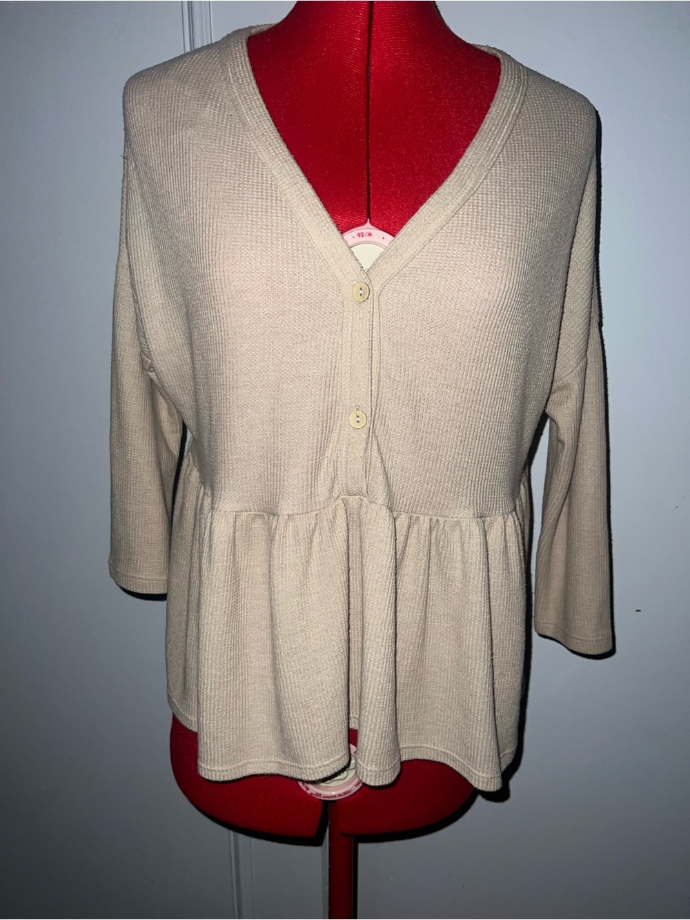 George Taupe Beige V-Neck Button Peplum waffle knit Top - Women Sz 12